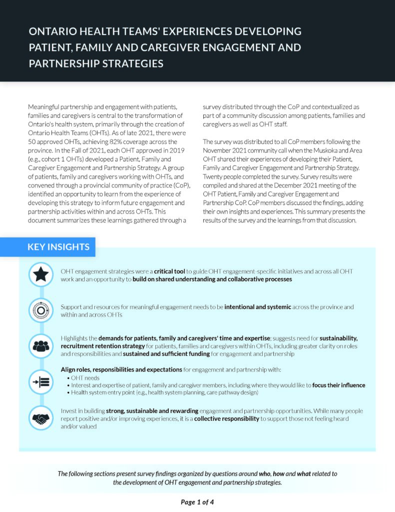 Patient, Family and Caregiver Engagement and Partnership Community of Practice Report cover page